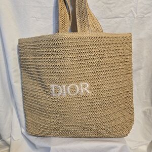 Dior Raffia Straw Tote Bag GWP Embroidered Logo Lined Beach Summer Bag Natural